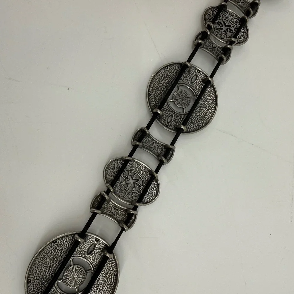 Vintage Y2K Silver Tone Concho Belt Black‎ Rhinestone Boho Western Festival 37